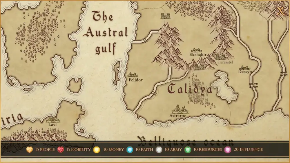 An overhead view of a map showing parts of three landmasses separated by water, all in shades of beige.