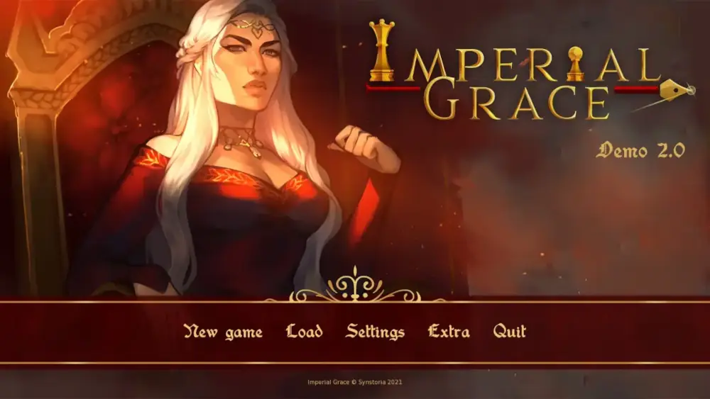 A woman with creamy skin and long silver hair sits in a red medieval-style dress with an intense expression, upright on a red and gold throne.