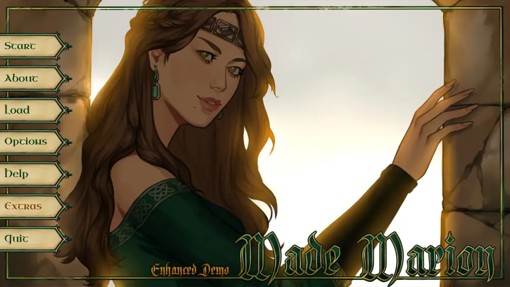 A woman with light skin, brown hair, and green eyes smiles at the viewer while sittingg in a medieval-style green dress, next to different options for the game menu.