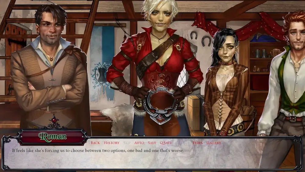 In a fantasy medieval house, two human men with light skin stand at either side of two women with greenish skin. They are the main characters and all are looking toward the viewer except Roman.