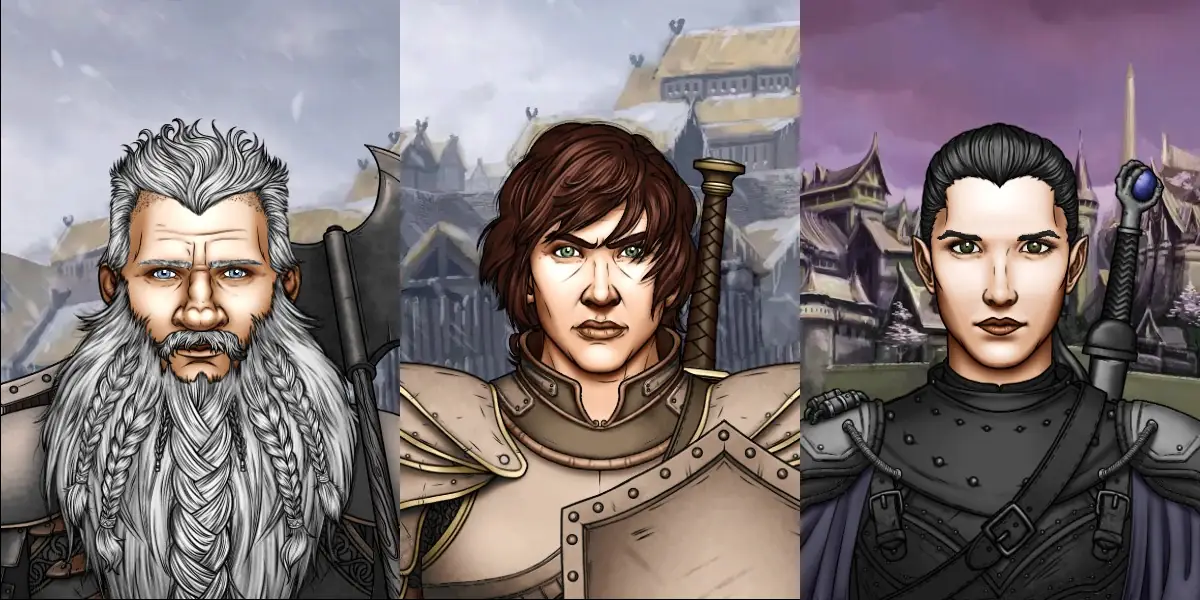 Left frame: A dwarven man with a full silver beard and blue eyes. Middle frame: a woman with brown hair and fierce green eyes. Right frame: A woman with dark hair and eyes.