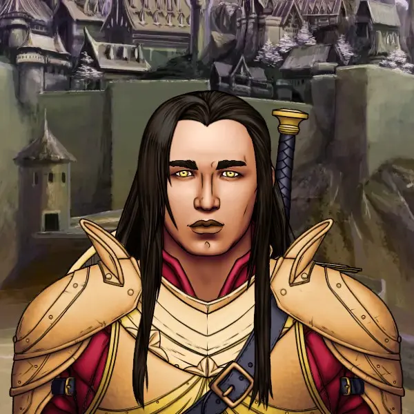 A young man with dusky skin, long dark hair, and golden eyes stands in golden armor in front of a fantasy medieval city rising behind a tall wall.