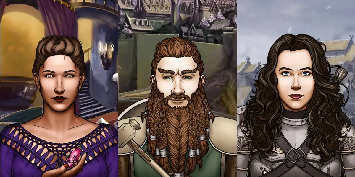 Left frame: A woman with dusky skin, brown hair, and red lips. Middle frame: A dwarven man with a brown beard in many braids. Right frame: A woman with dark hair and light blue eyes.