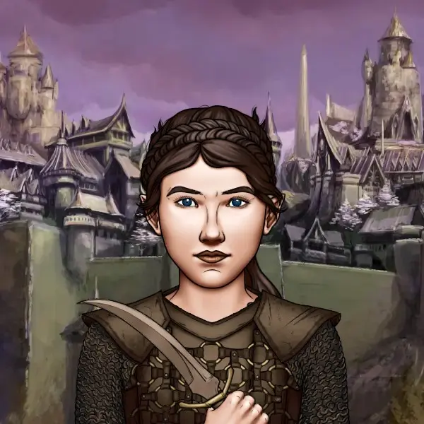 A young halfling woman with brown hair and dark blue eyes stands in brown armor before a fantasy town rising up behind a tall defensive wall.