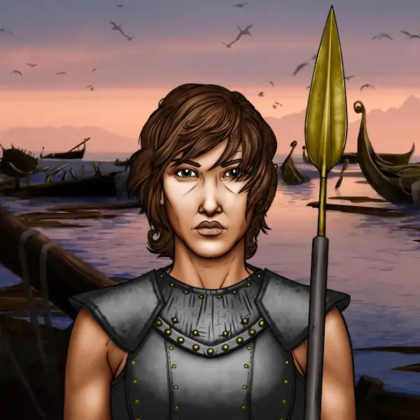 A tan woman with short brown hair in black leather armor stares at the viewer with intense brown eyes. Behind her are boats on water.